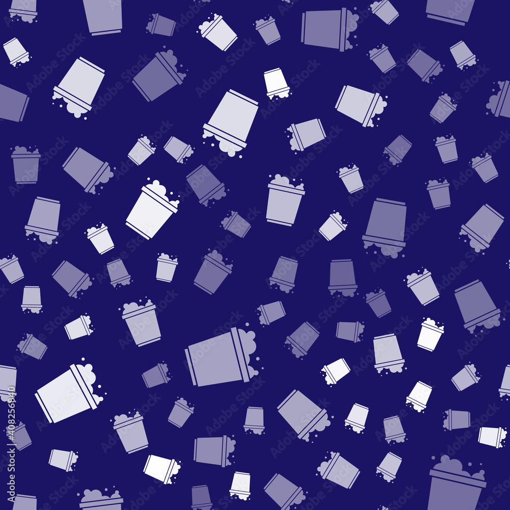 Poster white bucket with foam and bubbles icon isolated seamless pattern on blue background. cleaning servi