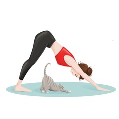 woman doing yoga exercise. Digital illustration, cartoon, character design. Design for stickers 