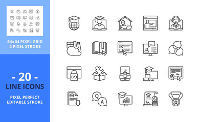 Line icons about online education. Pixel perfect 64x64 and editable stroke