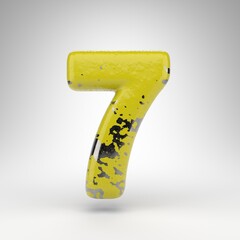 Number 7 on white background. 3D number with old yellow paint on gloss metal texture.