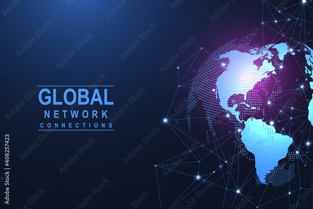 Aufkleber Global network connection concept. Big data visualization. Social network communication in the global computer networks. Internet technology. Business. Science. Vector illustration