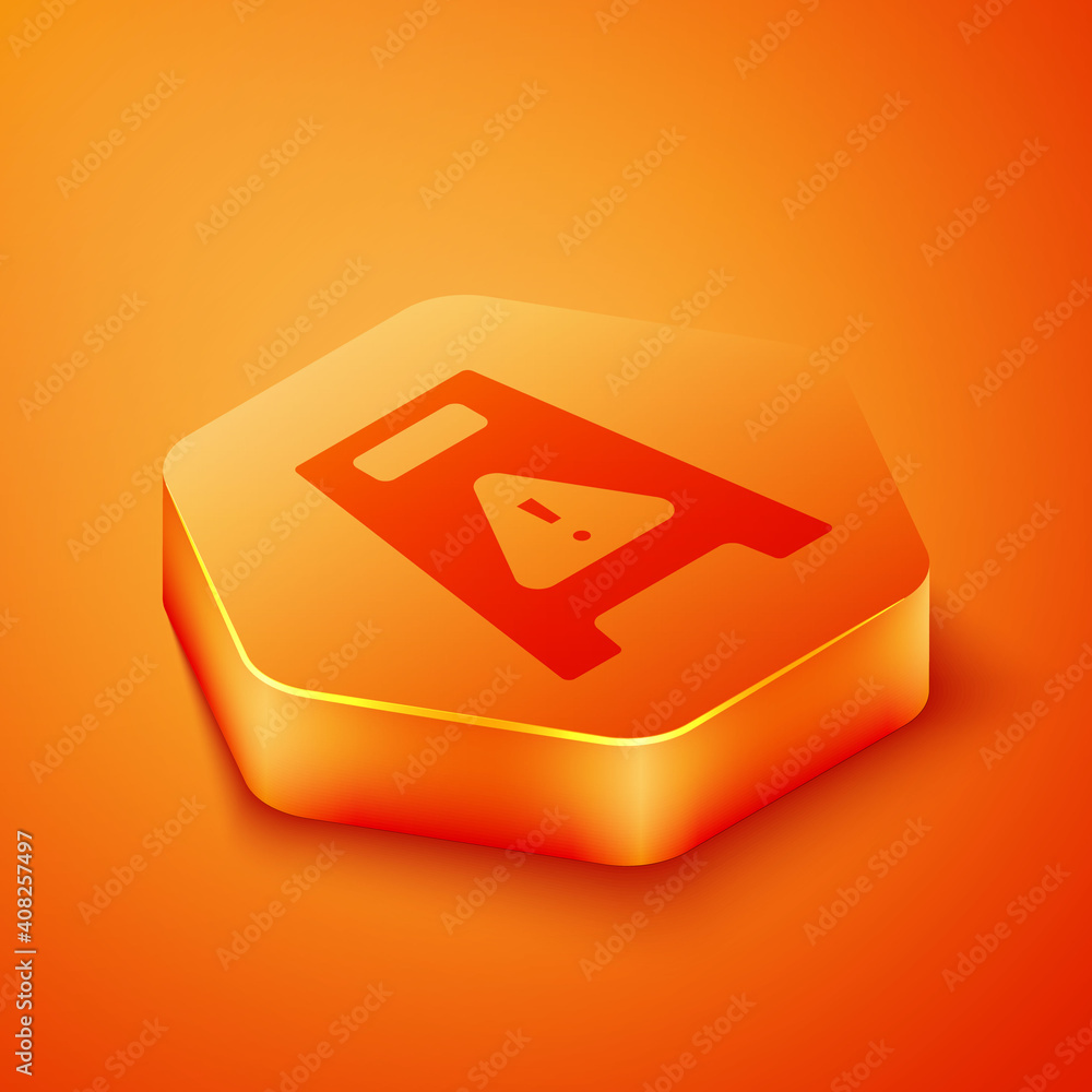Poster isometric wet floor and cleaning in progress icon isolated on orange background. cleaning service co