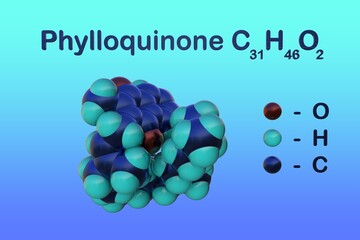 Structural chemical formula and space-filling molecular model of phylloquinone, a vitamin found in food and used as a dietary supplement to treat certain bleeding disorders. 3d illustration
