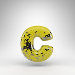 Letter C lowercase on white background. 3D letter with old yellow paint on gloss metal texture.