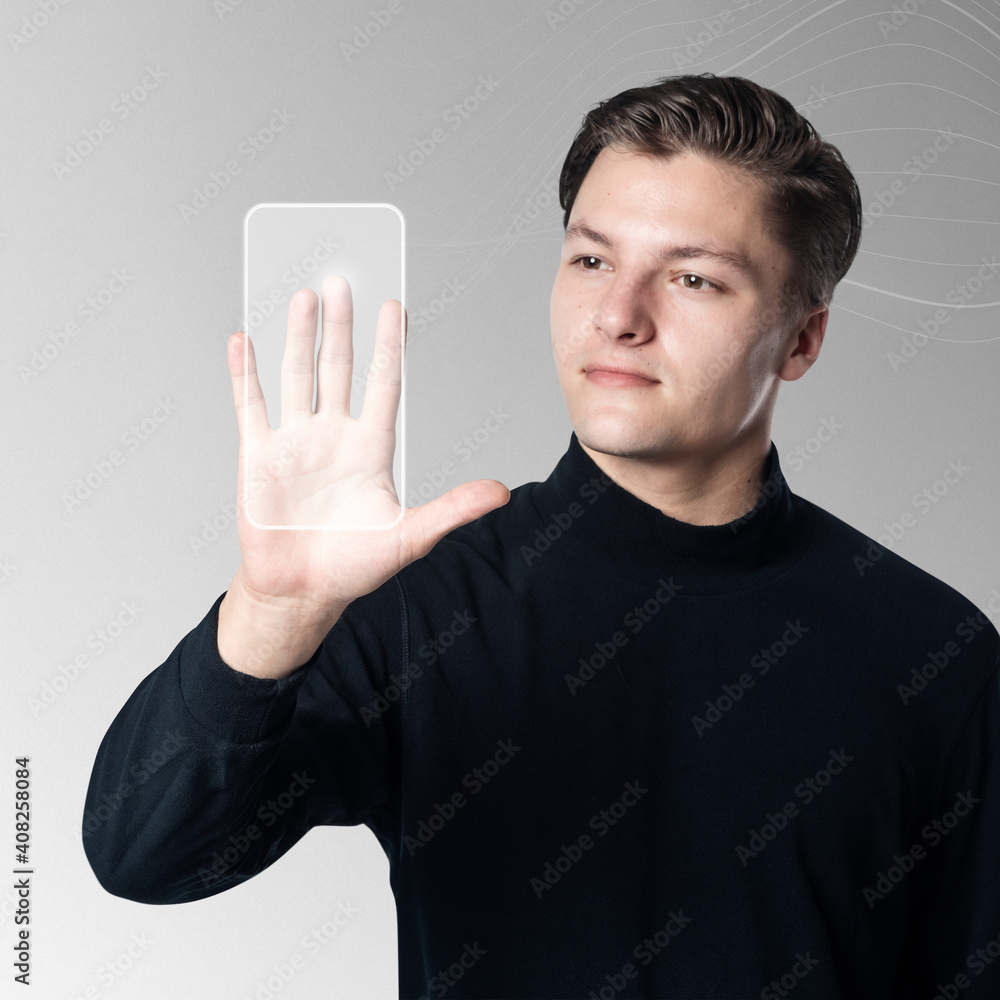 Poster man scanning palm on virtual interface screen