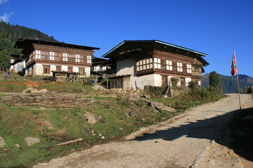 Fototapeta na wymiar houses in a village in the phojika valley in bhutan