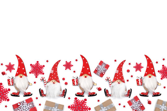 Christmas or New Year greeting card. Christmas decorations on white background. Flat lay, top view, copy space