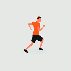 Caucasian, bald man running, wearing orange t-shirt
