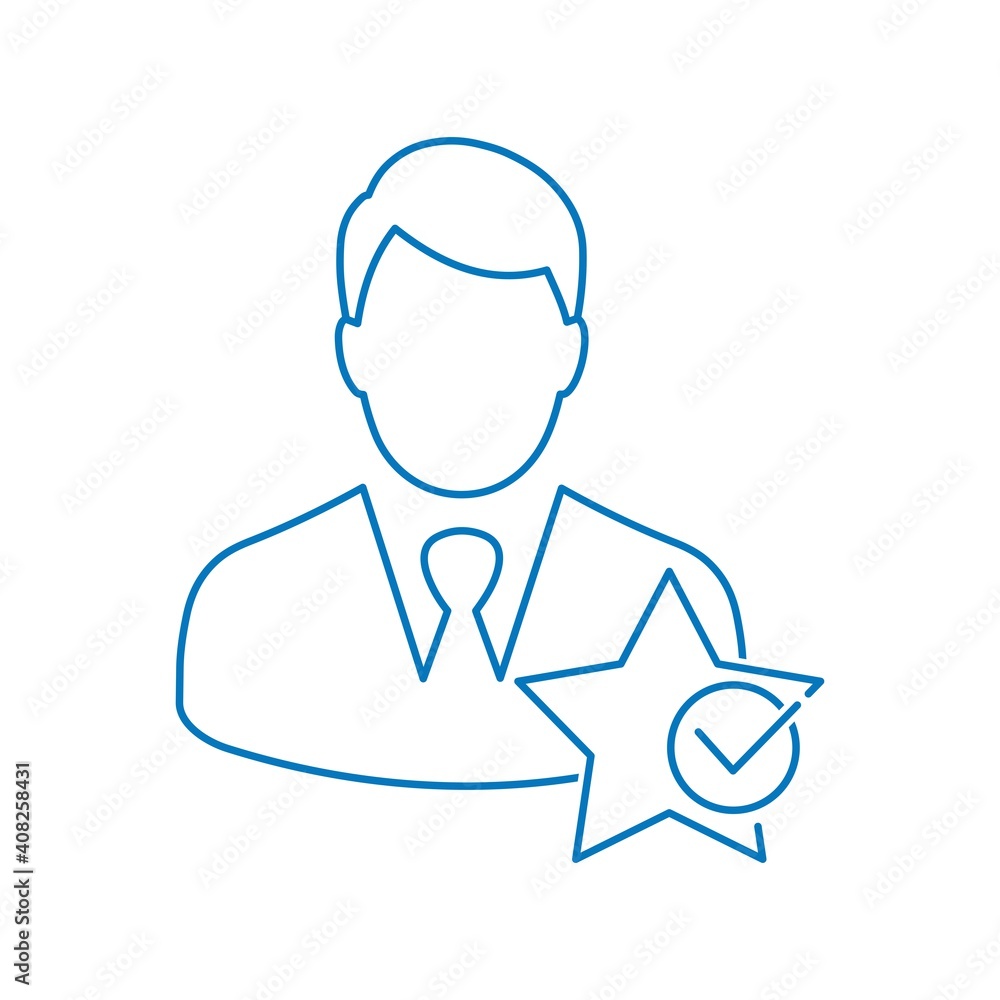 Aufkleber man and star with check mark. fulfillment and satisfaction. successful experience. vector linear ico