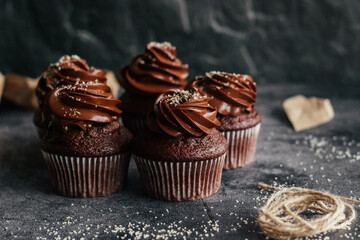 Delicious chocolate cupcakes. Cupcakes on a concrete table. Chocolate biscuit and chocolate ganache