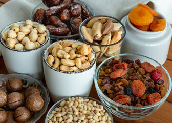 Dried fruits and nuts close up. Selective focus