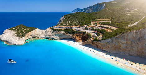 Aerial view of Porto Katsiki beach,  Lefkada island, Ioanian Sea, Greece, with fluorescent, turquoise colored ocean during summer time