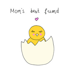Image of a cute little chicken that has just hatched from an egg. Print for postcards, cups, t-shirts.