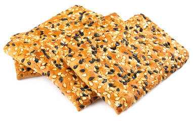 Crispy cookies with black and white sesame are isolated on a white background.