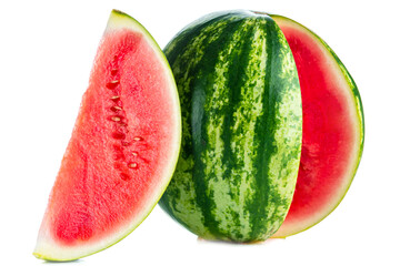 Big watermelon and slice isolated on white background as package design element