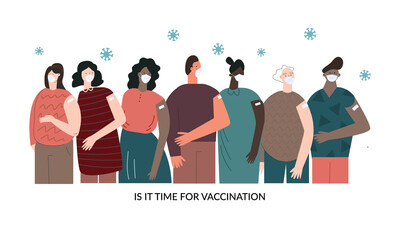 Time for vaccination vector concept. Diverse multicultural people were vaccinated. Selfcare, healthcare, flu, influenza. Flat cartoon illustration isolated on white for poster, banner, template, web