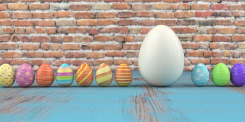 Colored easter eggs on the wooden table and brick wall in the background. 3d illustration.