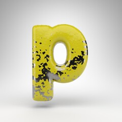 Letter P lowercase on white background. 3D letter with old yellow paint on gloss metal texture.
