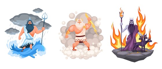 Three main greek gods. Cartoon Zeus, Poseidon and Hades elements surrounded, waves, clouds and fire environment, ancient mythology. Characters on olympus mount, vector cartoon concept