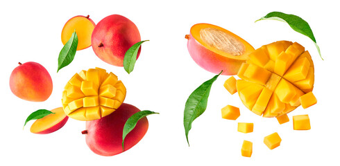 Fresh ripe mango falling in the air