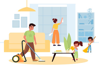 Children helping parents. Family joint house cleaning in living room interior. Cartoon father, mother and kids household, people washing and vacuuming. Housekeeping chores vector concept