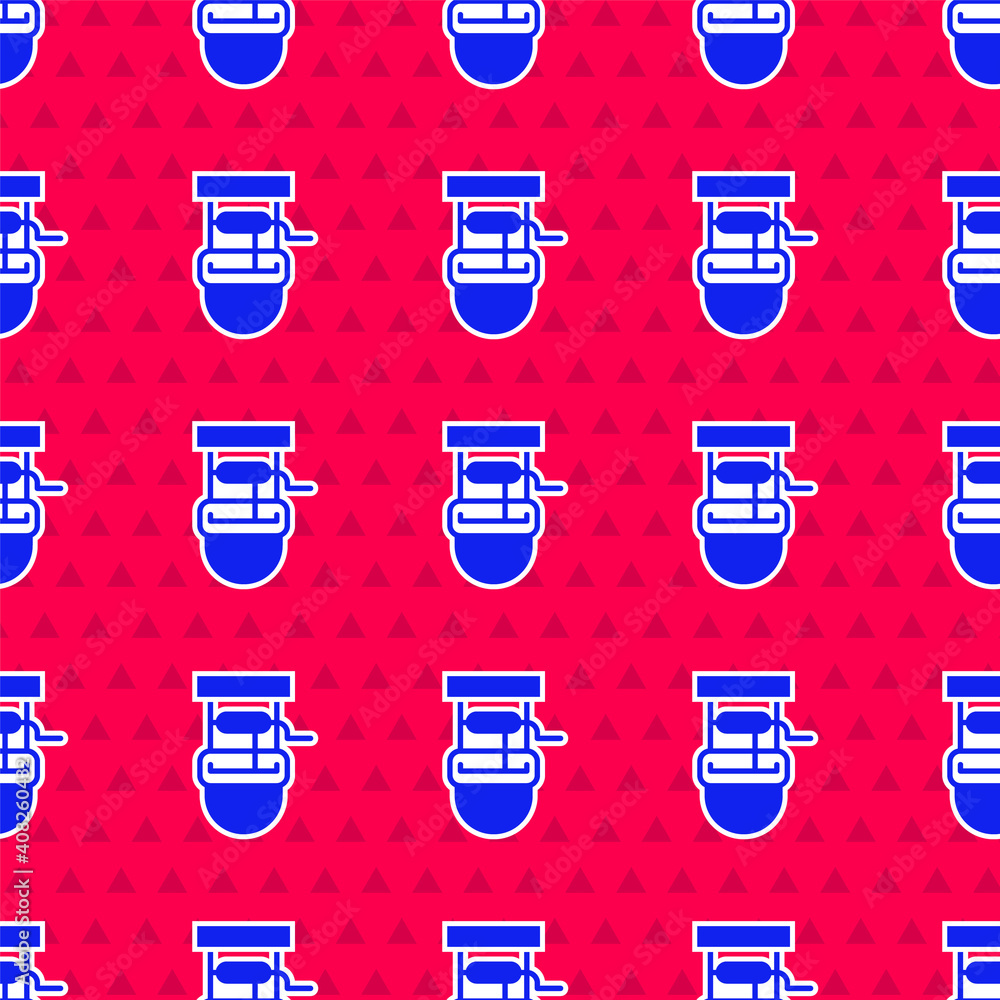 Poster blue well with a bucket and drinking water icon isolated seamless pattern on red background. vector.