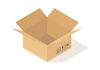 Cartoon cardboard open box with fragile sign. Opened beige square empty parcel angle view, packaging cargo storage, industry shipment, warehouse object vector isolated illustration