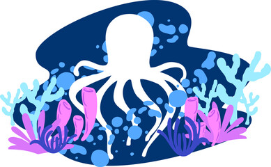World Oceans Day. The celebration dedicated to help protect, and conserve world oceans, water, ecosystem. Vector images sea waves, octopus  and plant