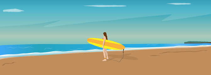  Woman standing on the beach holding a surfboard and trying to ride the waves.  landscape, vector illustration, background, web header, footer, flier, blue, sky, sea, sunny, frame, copy space, summer,