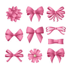 Decorative pink bow with ribbons. Gift box wrapping and holiday decoration. Vector illustration
