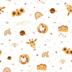 Cute boho animals pattern. Baby animals, rainbows. Boho safari animals. Yellow neutral seamless pattern.