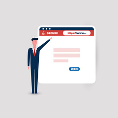 HTTPS Protocol - Make Sure It Is Safe - Secure Website for All Businesses - Business Man Proudly Showing the Safe Web Site of His Company - Vector Concept