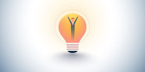 New Possibilities, Ideas, Hope, Dreams - Happy Business Man in a Light Bulb - Business, Creativity Vector Concept