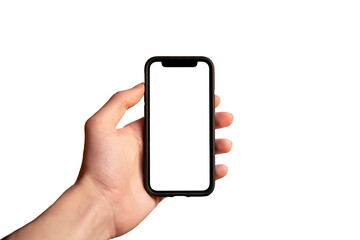 Main d'homme tenant un smartphone mobile portable avec un écran blanc en position verticale isolé sur un arrière-plan blanc
