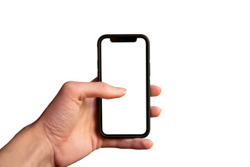 Main d'homme tenant un smartphone mobile portable avec un écran blanc en position verticale isolé sur un arrière-plan blanc avec un pouce devant l'écran