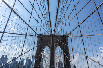 Fototapeta premium Brooklyn Bridge in New York City with complex cables installed