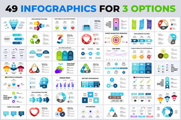 Fototapeta na wymiar 49 Infographics for 3 options. Arrows elements, timelines. Presentation slide templates. Marketing or business, medicine and ecology. Circle chart diagrams. Cycle options.