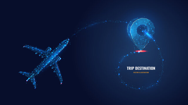 Abstract 3d flying airplane and location pin icon. Trip destination, aircraft flight route concept. Vector illustration in dark blue. Digital low poly wireframe with dots, lines, and glowing stars