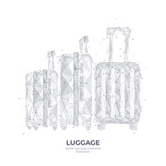 3d hand-drawn luggage isolated in white. Digital low poly mesh suitcases with wheels. Travel, recreation, business, or family trip concept. Abstract vector sketch wireframe with dots, lines, and shape