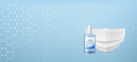 Sanitizer and medical mask background. Coronavirus protect horizontal backdrop, covid-19 and flu viruses protection, nose textile filter and antibacterial barrier vector isolated poster