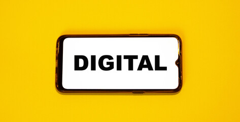 DIGITAL concept smartphone with white frameless screen on orange background