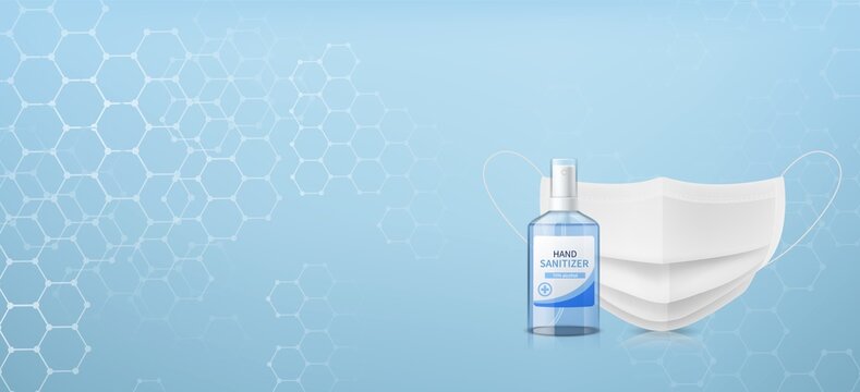 Sanitizer and medical mask background. Coronavirus protect horizontal backdrop, covid-19 and flu viruses protection, nose textile filter and antibacterial barrier vector isolated poster