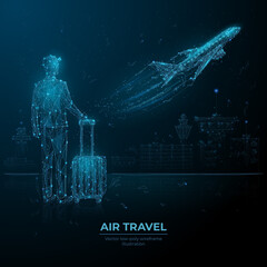 Abstract low poly 3d man with luggage looking at airplane taking off. Digital vector airport departure wireframe with lines, dots and flying particles. Air travel, airline transportation concept © AntonKhrupinArt