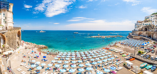 Landscape with amazing beach of  Atrani town at famous amalfi coast, Italy