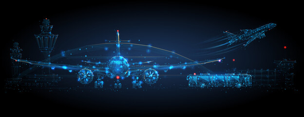 Digital airplane standing on runway, airport buildings, plane taking off, shuttle bus, control tower. Airport low poly wireframe concept in dark blue. Abstract vector mesh with dots, lines and stars