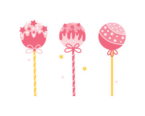 Collection of different round pink lollipops isolated on a white background. Cake pops on stick with sprinkles. Candies in cartoon style. Colorful sweets icons set. Hand drawn vector illustration.