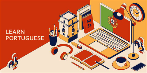 Learn Portuguese isometric concept with open laptop, books, headphones and coffee