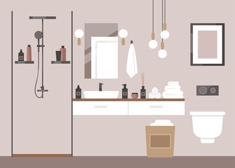 Modern bathroom. Deluxe hotel room, spa salon, suite. Toilet, shower, lights, chandelier, towels, cosmetics, shampoo, mirror. Loft interior