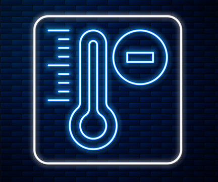 Glowing neon line Meteorology thermometer measuring icon isolated on brick wall background. Thermometer equipment showing hot or cold weather. Vector.