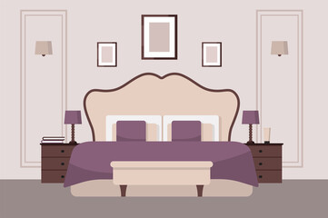Luxurious bedroom in a classic style, large bed with a headboard, bedside table, lamps. Hotel room suite. Furniture store advertisement. Interior design in Art Deco style. Housewarming card